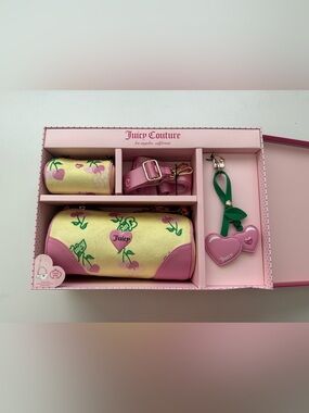 Juicy Couture Pink & Yellow Heart-Print Cylinder Bag with Green Strap Charm